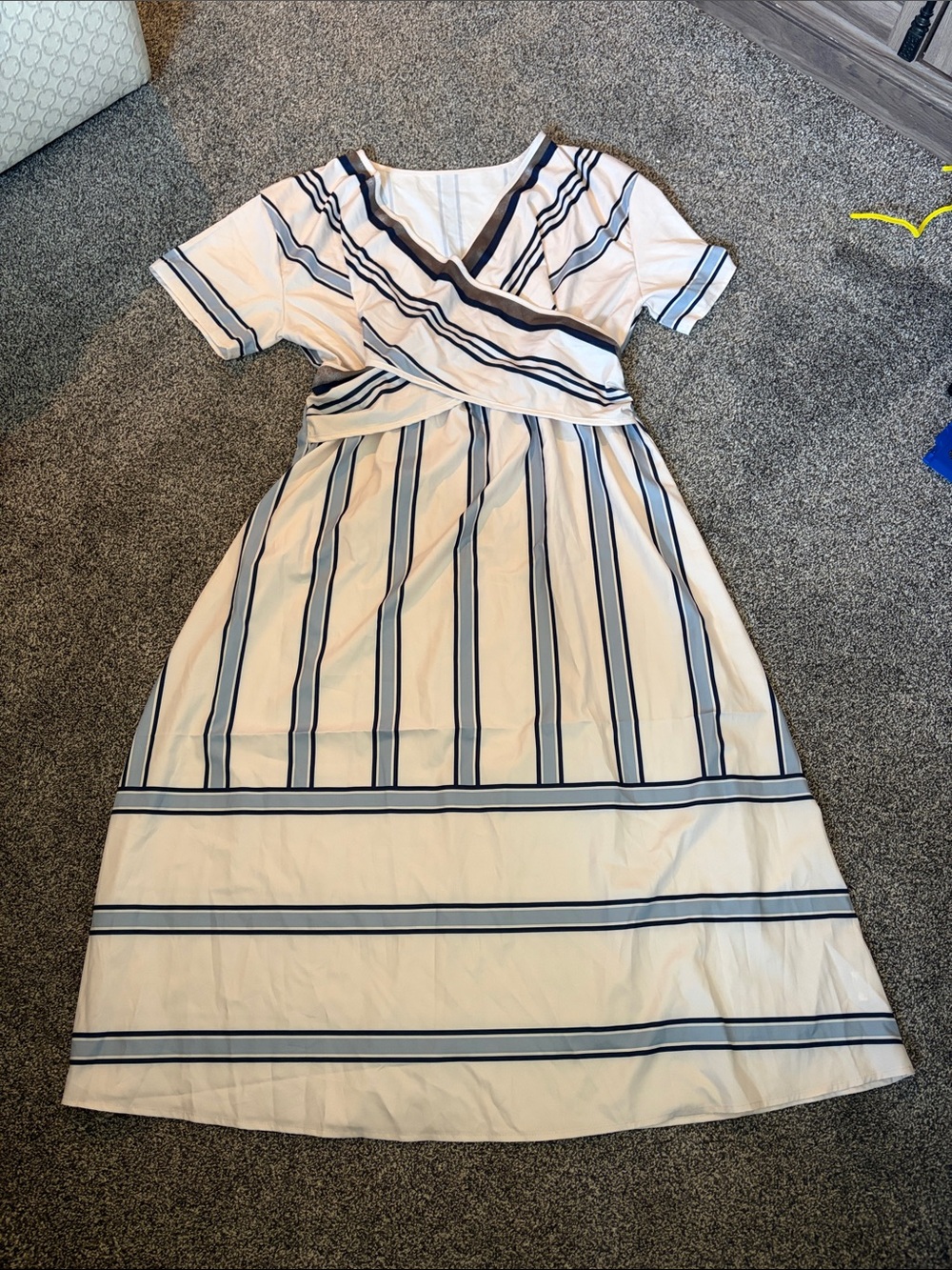 NWOT Striped V-Neck Midi Dress in White and Navy
